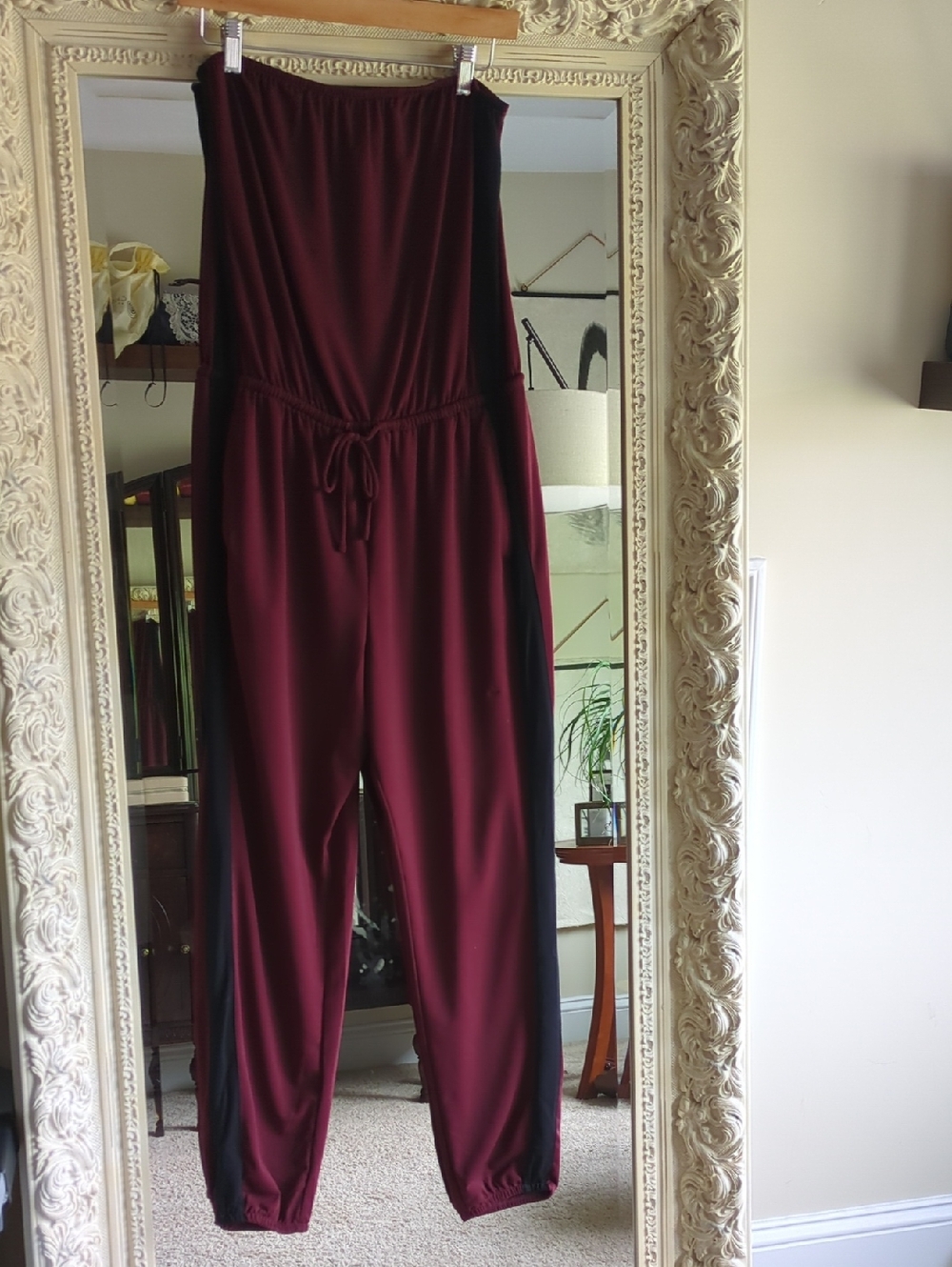 Express Strapless Jumpsuit in Burgundy with Black Side Panels